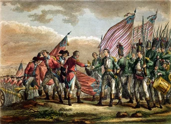 Die Kapitulation von General John Burgoyne in der Schlacht von Saratoga, 7. Oktober 1777, graviert von Godefroy